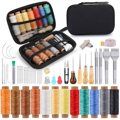 KAMAIKA Juego de 57 piezas de costura de cuero, juego de herramientas de cuero para reparación de tapicería con herramienta de perforadora de cuero, agujas de coser, hilo de coser, punzón para
