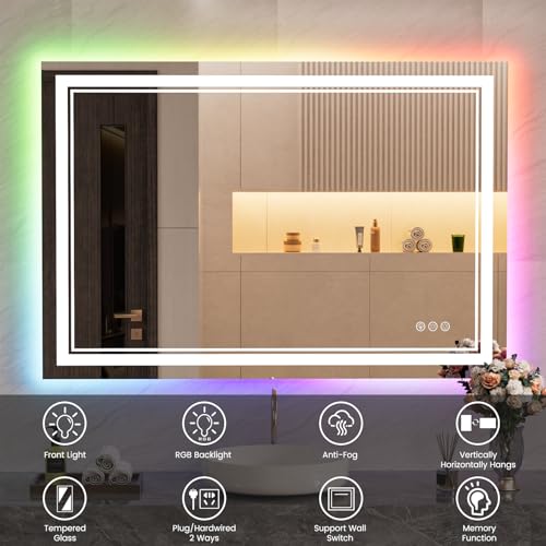 44x36 inch LED Bathroom Mirror with RGB Lights, Color Changing Backlit Mirror, Shatterproof, Dimmable Anti-Fog, Lighted Vanity Mirror (RGB Multicolor Backlit + Adjustable Front-Lighted)