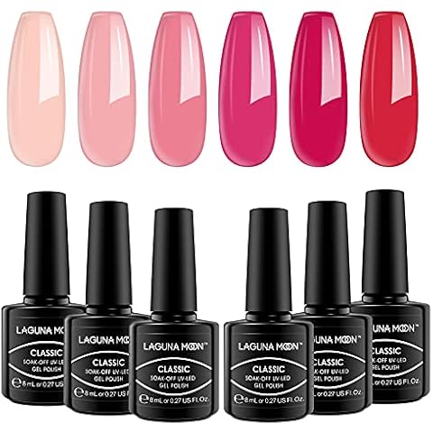 LagunaMoon™ Gel Nail Polish Set - 6 Colours Bright Red Pink Nude Neutral Peach High-Shine Kit Gel Polish for Salon Quality DIY Nails - UV LED Soak Off Lacquer Kit Varnish Manicure & Pedicure Cover
