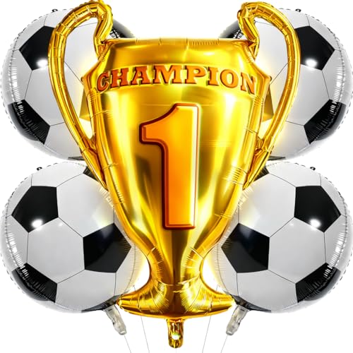 5Pcs Soccer Party Balloons Set 32 Inch Champion Trophy Balloon and 4PCS 24 Inch 4D Spherical Football Foil Balloons for Boys Kids Birthday Sports Game Day Tournament Senior Night Celebration
