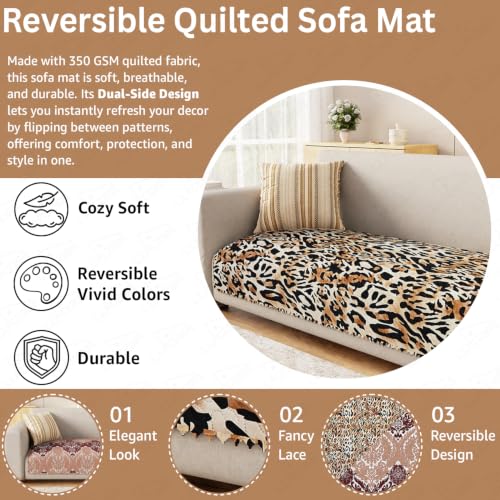 Image of Lukzer 1 Seater Sofa Cover Mat Reversible Quilted Sofa Seat Protector with WaveEdge Ultrasonic Cut - Leopard Print - Washable Anti-Slip Sofa Throw for Living Room Couch Cover 60 x 85 CM /SC-220-01WE
