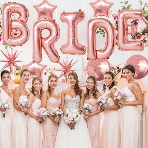 Image of Rose Gold Bride Balloons Bachelorette Party Decorations, 32in Rose Gold Giant Bride Balloons with 4D Disco Ball Balloon and Star Foil Balloon for Bridal Shower Wedding Engagement Party Supplies