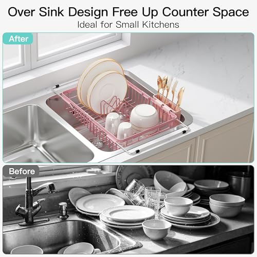 Image of JASIWAY Pink Dish Drying Rack Over the Sink with Utensil Holder