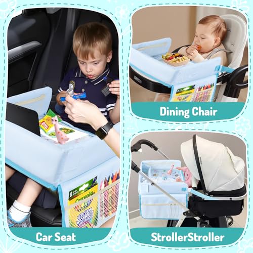 Image of Car Seat Tray for Kids - Toddler Travel Essential Car Activity Table, Waterproof Snack Tray for Eating, Lap Desk Organizer, Airplane Travel Essentials, Girl Boys Car Accessories - Blue