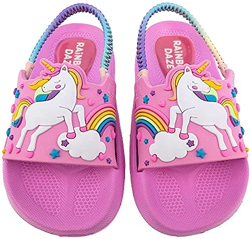 Slide Sandal, Mermaid/Shark/Unicorn Molded Slides with Elastic Back Strap, Toddler Size 5-12, Purple/Blue/Pink