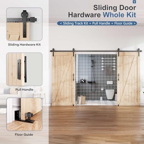 Image of EaseLife 14FT Double Door Sliding Barn Door Hardware Track Kit & Handle,Big Industrial Spoke Wheel,Wall Mount,Slide Smoothly Quietly,Easy Install,Black,168 inch Track Fit for 80-82 inch Wide Opening (No Door)
