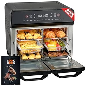 24Qt Dual Zone Air Fryer Oven with Rotisserie, Extra Large Double Air Fryers Mini Oven Digital 1800W 10 in 1 Airfryer Countertop Convection Toaster Oven Combo, Stainless Steel Inner, 360° Even Heating