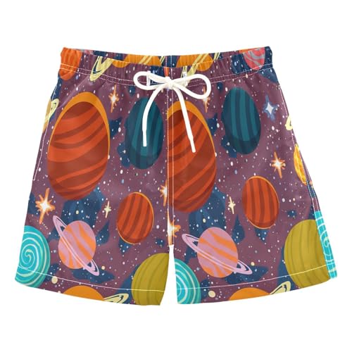 DOMIKING Cartoon Planet Colorful Boys' Pull On Swim Trunks Quick Dry Boardshorts with Mesh Lining for Pool Gym Beach M