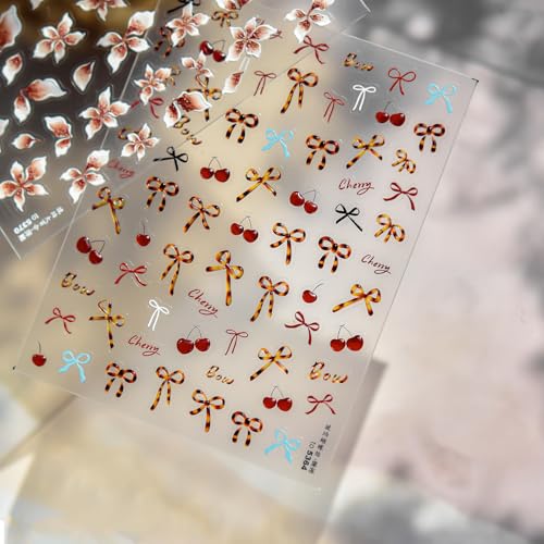 Image of Bow Nail Stickers Cherry Nail Decals for Nails Art with Leopard Print Design Bowknot Nail Art Stickers 5D Embossed Self Adhesive Nails Art Decals for Women Girls Manicure DIY Decoration Accessories
