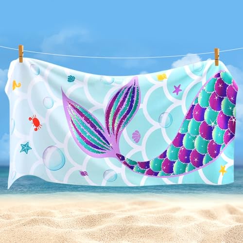 Funmo Toalla de playa de sirena, 70 x 150 cm, toalla de microfibra para niños, toalla de baño...