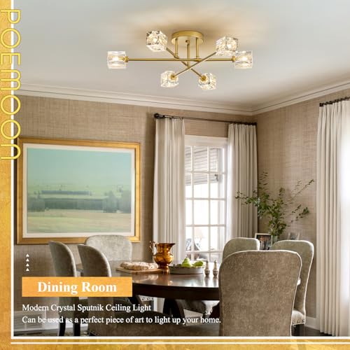 Image of Modern Crystal Semi Flush Mount Ceiling Light Gold Sputnik Chandeliers 6 Lights Industrial 26 inch Chandelier for Foyer Entryway Kitchen Bedroom Living Room Dining Room