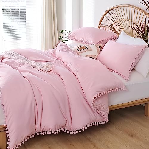 YIRDDEO Dust Pink Full Size Ball Pom Fringe Design Comforter Set 3pcs, Boho Aesthetic Luxurious Microfiber Comforter Set