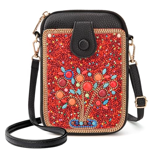 Image of Women's Small Crossbody Cell Phone Bag, Boho Colorful Beaded Purse Wallet with Handmade Cute Patterns