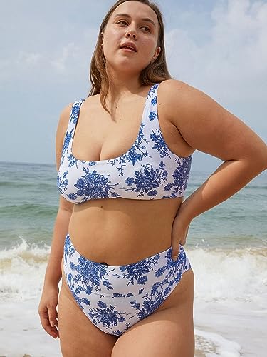 Women's Floral High Cut Wide Waistband Ribbed Tummy Control Coverage Bikini Bottom4