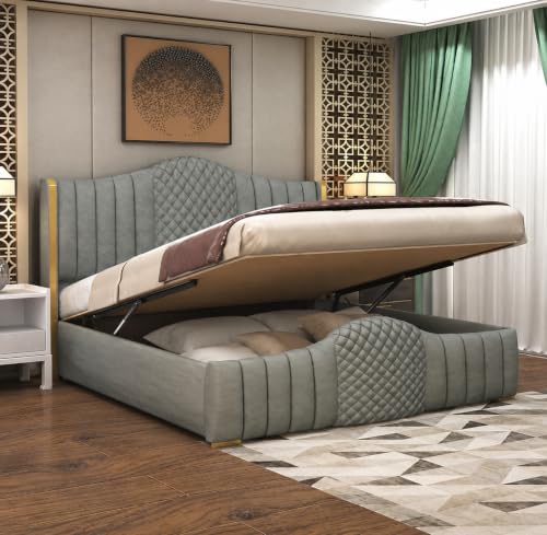 Image of Aesthetic crafts Hydraulic Bed King Size with Storage, Sheesham Wood Upholstered Wooden Double Bed, King Size Bed with Hydraulic Storage, Modern Platform Cot for Bedroom & Hotels, 6.5 x 6 Ft, Grey
