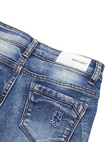 KIDSCOOL SPACE Calça jeans rasgada com pérolas de renda borboleta decorativa por dentro, Azul, 11-12