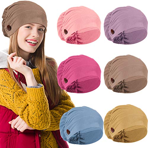6 Pieces Bouffant Caps with Buttons, Soft Unisex Stretch Headband Elastic Turban Headwrap with Ear Loop Holder Button for Protecting Ear (Red, Purple, Deep Pink, Khaki, Denim Blue, Yellow)