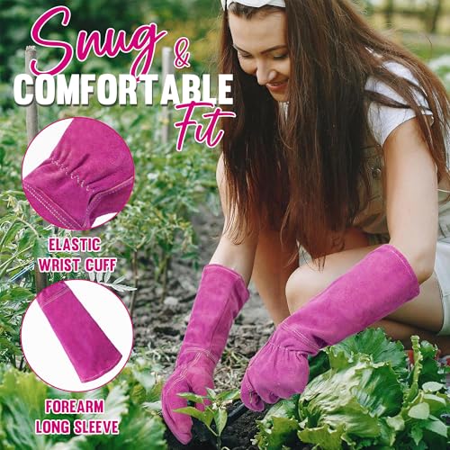Image of HANDLANDY Rose Pruning Gloves for Men Women, Thorn Proof Gardening Gloves | Long Leather Gardening Gloves, Breathable Leather Gauntlet, Best Garden Gifts & Tools for Gardener (Rosy, S)