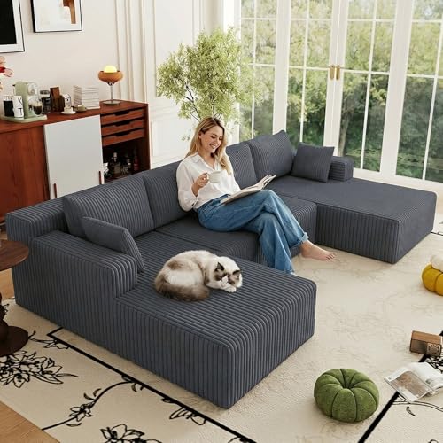 Image of 124 inch Boneless Cloud Couch Sectional Couches Sofa for Living Room | Modular U-Shaped Couch, Comfy Modern Corduroy Memory Foam Sofas with Deep Seat, Ottoman, Oversized Chaise (Dark Grey)