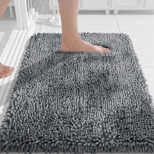 Image of Yimobra Chenille Bathroom Rugs Non Slip, Extra Thick Soft Absorbent Bath Rug, Machine Washable Quick Dry Bath Mat for Bathroom Floor, Tub and Shower, Home Decor Accessories, 24x17, Silver