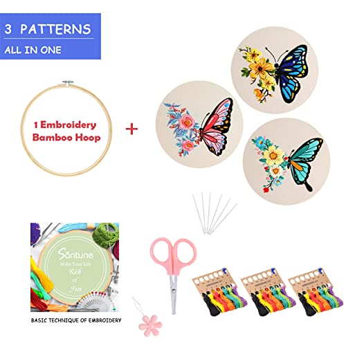 Image of Santune 3 Pack Embroidery Kit for Beginners Adults Cross Stitch Kits with Butterfly Patterns and Instructions,DIY Hand Crafts with 1 Hoop,Threads and 6 Needles