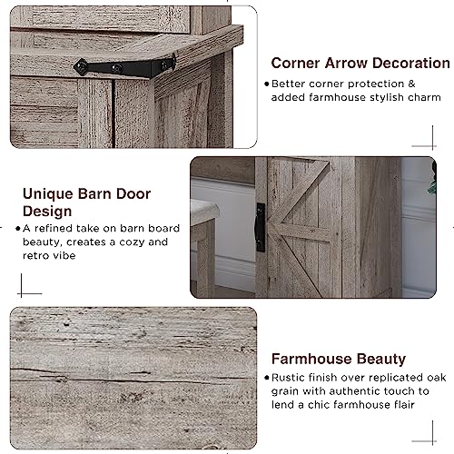 T4TREAM Farmhouse Makeup Vanity Desk with Sliding Mirror and Lights, 42'' Glass Tabletop Vanity Table with 2 Drawers & Shelves, Rustic Big Vanity Set for Bedroom, Light Rustic Oak