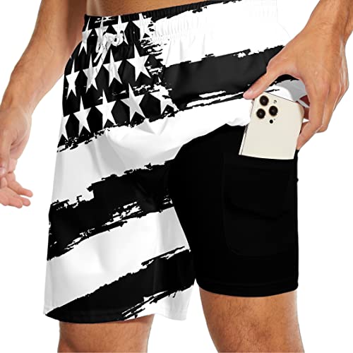 Partrest American Flag Men's Swim Trunks with Compression Liner USA Flag Swimming Trunks Board Shorts with Pocket Swim Shorts2