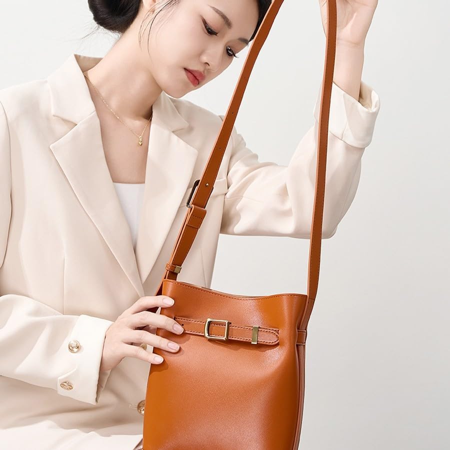 22x9x18cm Retro Leder Damen Tasche,Leder Schulter- Umhängetasche,Stilvolle Eimer-Tasche (Für tägliche Essentials wie Makeup-Spiegel,Handy)