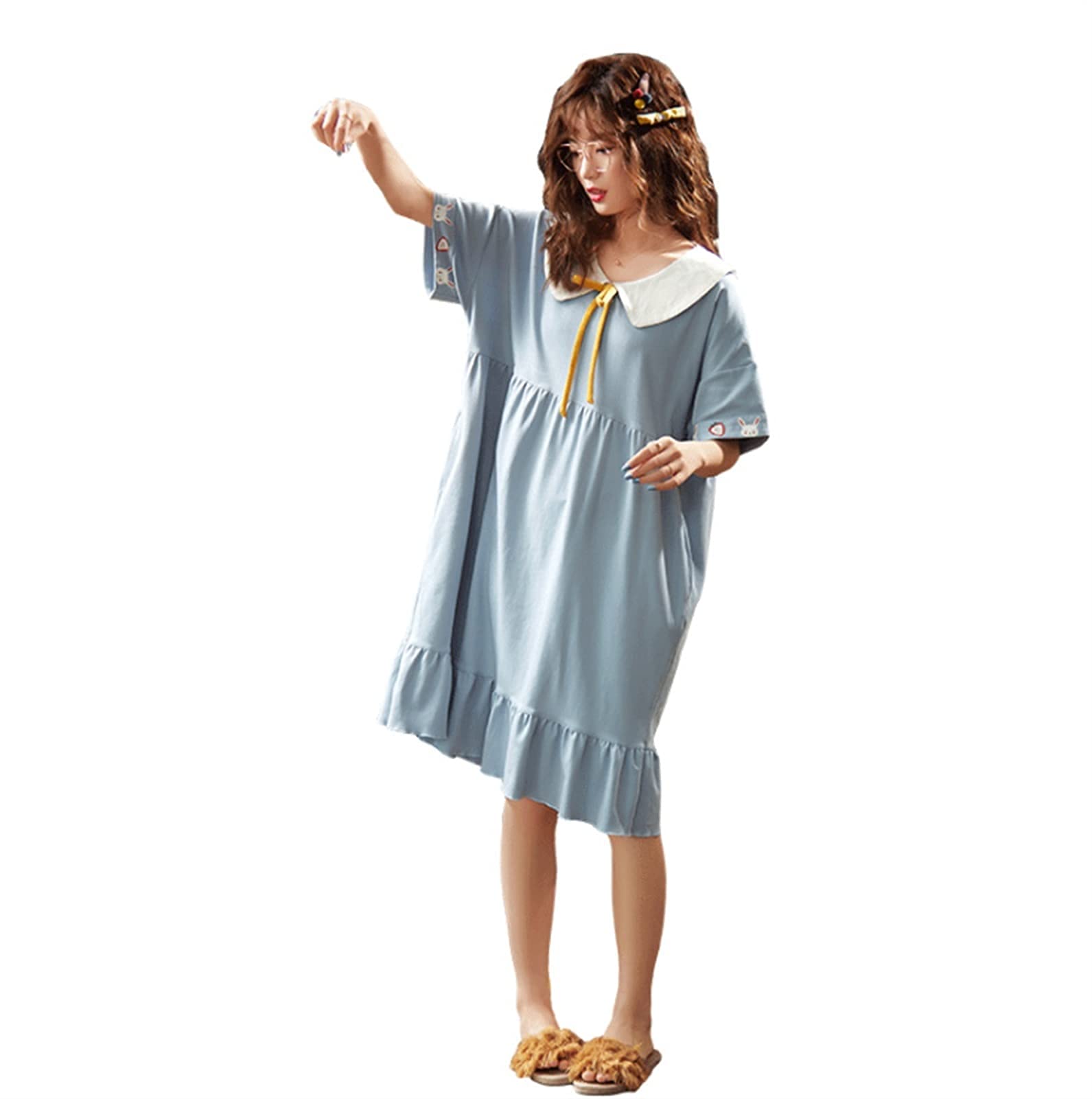 Worth having, Ladies pajamas, Pajamas Women'S Spring Summer Cotton Round Neck Sky Blue Breathable Sexy Nightdress Home Service (Size : XX-Large)