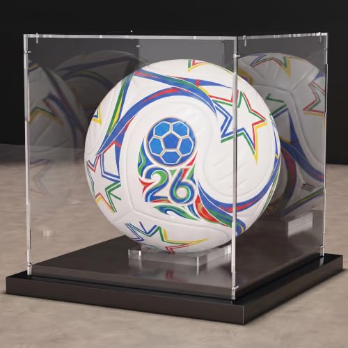 Putros Soccer Ball Display Case with Mirror and Black Metal Stackable Base Acrylic Soccer Ball Case with Transparent Removable Built-in Soccer Ball Display Stand for Autographed Volleyball