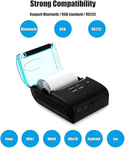 Thermobondrucker mit hoher Druckgeschwindigkeit:50-90 mm/s Druckgeschwindigkeit, kompatibel mit 57 mm Thermopapier.Features USB- und drahtlose Bluetooth-Konnektivität, geräuscharmer Betrieb