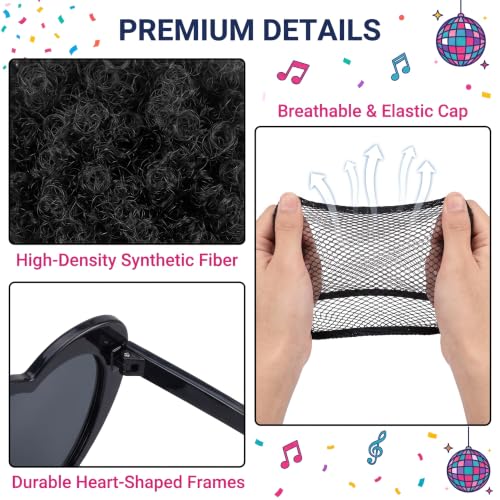 Image of FREE BEAUTY 8pcs Black Afro Wig with Heart Sunglasses for Men Women, Funny 70s 80s Disco Party Afro Wigs Colored Short Fluffy Curly Hair with Hair Net for Halloween Cosplay Costume Party