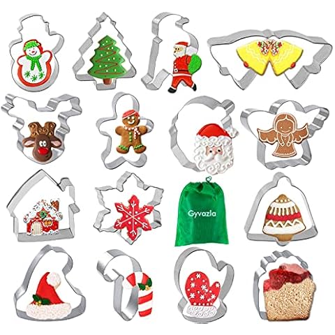 Cookie Cutter Set - Gyvazla 15 Piece Stainless Steel Snowflake, Christmas Tree, Gingerbread Boy, Santa Claus, Angel, Gloves, Cane, Christmas House & More Shapes for Kids Baking Cover