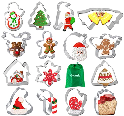 Formine Biscotti, Gyvazla 15 Pcs Acciaio Inossidabile Stampi Biscotti, Albero di Natale, Babbo Natale, Angelo, Guanti, Canna, Casa di Natale e Altre Forme per i Bambini di Cottura