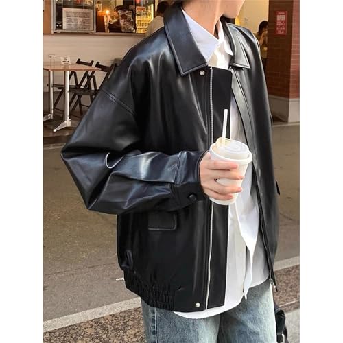 JEKE-DG Women's Vintage Lapel Comfort Coat Oversize Solid Faux Leather Coat Jacket Casual Zip Up Moto Biker Outerwear4