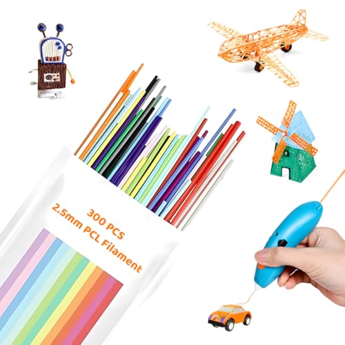 Suevut 300St 3D Doodler Stift Nachfüllpacks, 3D Stift Filament PCL 2,5mm, 10 Farben 3D Pen Filament, 3D Stift Niedrige Drucktemperatur, Flexibles Druckmaterial für Kreative Kunstwerke