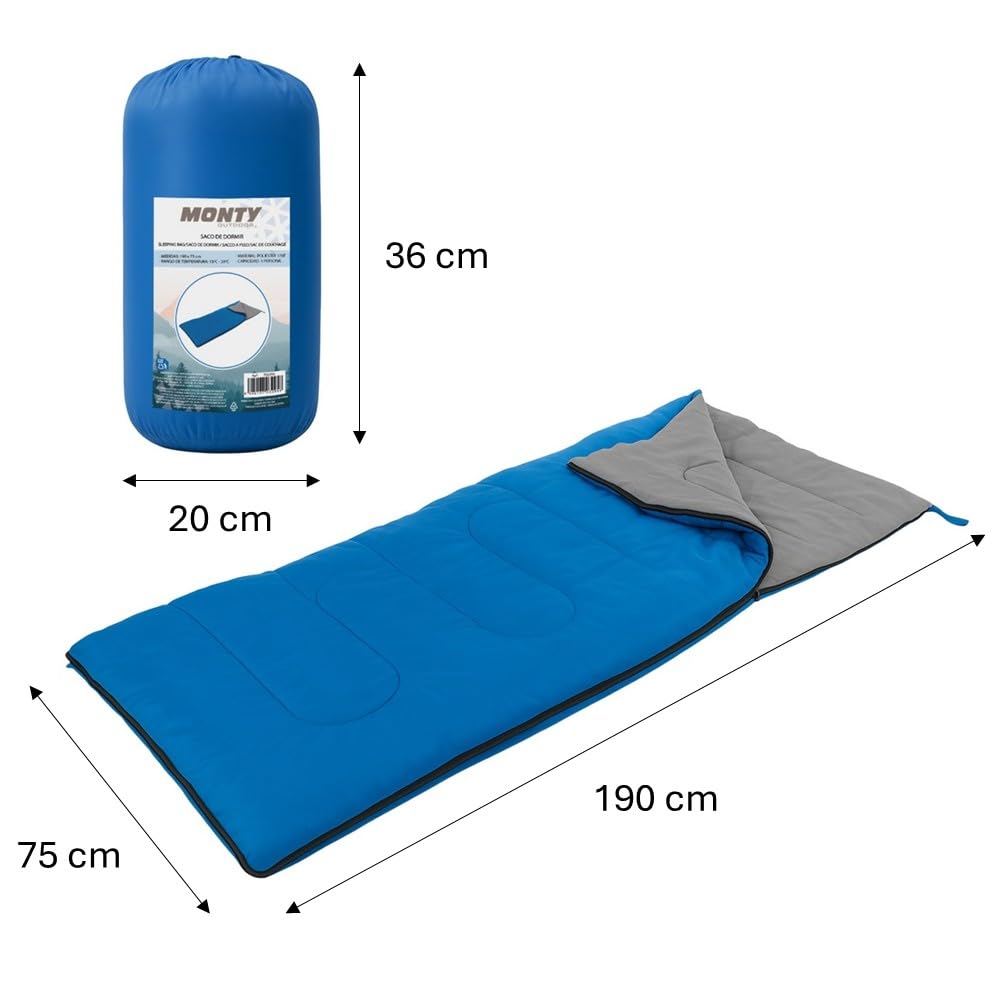 MONTY Saco de Dormir para Adulto de 190x75 cm en Color Granate. 3-4 Estaciones. Relleno de Fibra Hueca de 1200 gr, temperaturas de 10-15 Grados. con Cremallera Lateral y Bolsa de guardado.