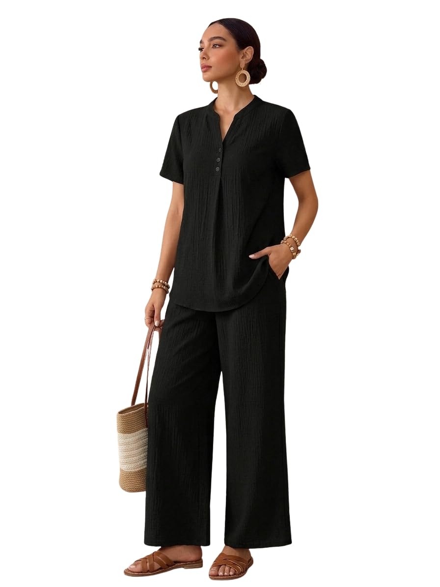 Women's Co-ord Set | Stylish Matching Top & Bottom Set | Notch Neckline with Button Detail | Loose-Fit, Short-Sleeve Top with a Relaxed Silhouette |Ideal for Casual (5250)-image-4