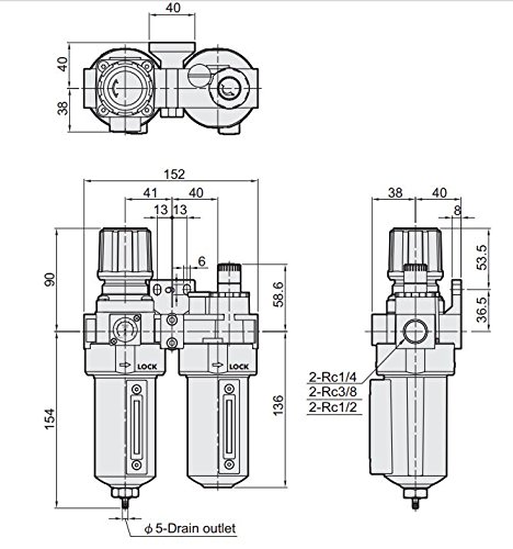 Two Piece Filter Regulator Lubricator Combination 1/2" NPT - Manual Drain, Metal Bowl, 10 Micron with Gauge