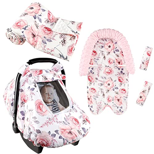 Image of Baby Head Support and Strap Cover for Car Seat, Car Seat Covers for Babies, Baby Blanket for Girls, Pink Floral