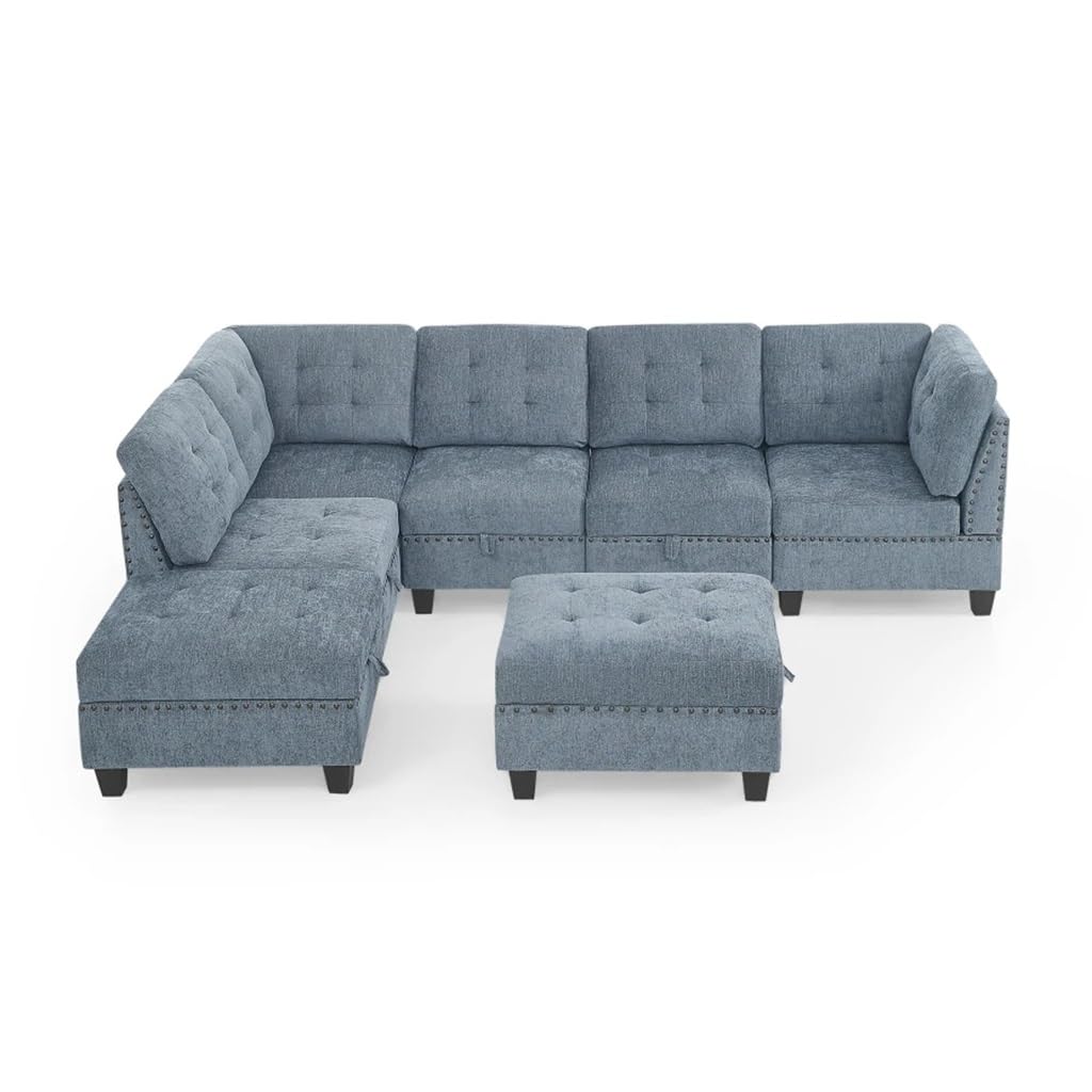 L Shape Chenille Modular Sectional Sofa Combination Includes Three Single Chair Two Corner and Ottoman