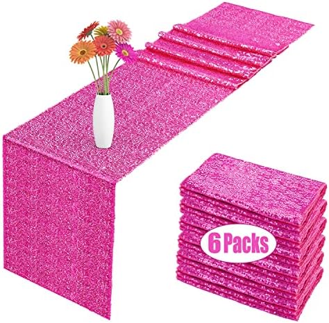 6 Pack Sequin Table Runner Hot Pink, 12 x 108 inch Glitter Baby Blue Table Runner for Rectangle Table for Birthday, Wedding, Banquet, Holiday Party Decorations, Christmas Gift & Baby Shower