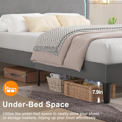 VECELO Upholstered Full Bed Frame with Headboard Adjustable, LED Lights, USB-A & Type-C, Velvet Platform Bed Noise Free, Mattress Foundation with Wooden Slats, No Box Spring Needed, Grey