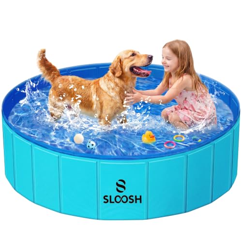 SLOOSH Foldable Dog Kiddie Pool - Portable Hard Plastic Doggie Swimming Pool, Anti-Slip Collapsible Pets Bath Tub Suitable for Kids Indoor Outdoor Backyard Use (Blue, 48' x 12')