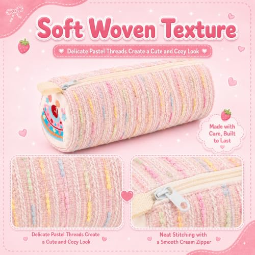 Image of Pink Strawberry Cake Pencil Pouch for School Girls, Large Capacity Cute Pencil Case, Stationery Organizer | Spacious Storage | Lightweight | Multi-Use | Aesthetic | College Ready