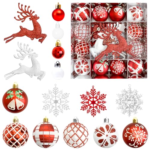 Weihnachtsdeko Set – 45 Weihnachtskugeln Rot Weiß, Christbaumkugeln...