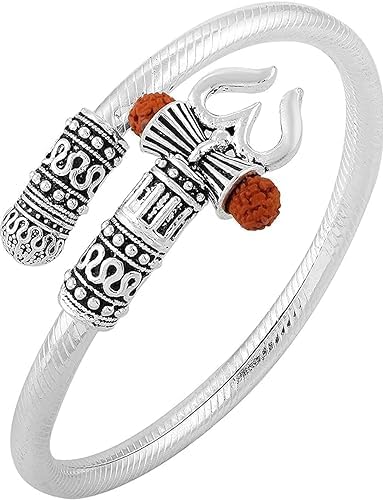 HOLYDAYPresents Rudraksha Shiv OM Trishul Damroo Designer Silver Plated Kada Kadas Bracelet Unisex Adjustable Free Size Cuff Bracelets for Men & Women Brothers Boys Bracelet