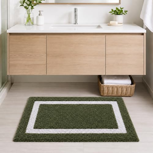Image of Color&Geometry Green Bathroom Rugs 30x20, Extra Soft Absorbent Microfiber Bath Rugs, Non-Slip Bathroom mat, Washable Plush Bath Mats for Bathroom, Shower, Bathtub, Laundry, Green White