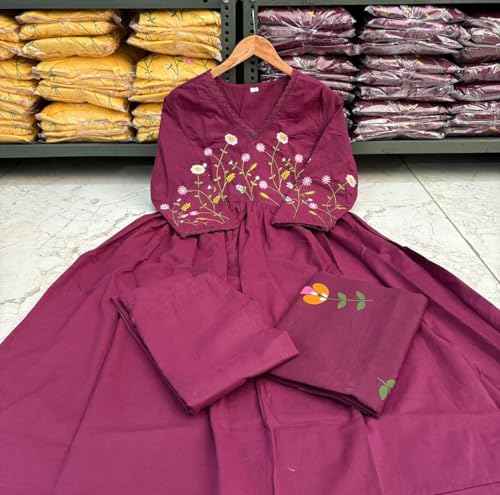 Image of Preeson Women's Pure Cotton Embroidery V Neck Kurti with Pants and Dupatta Set