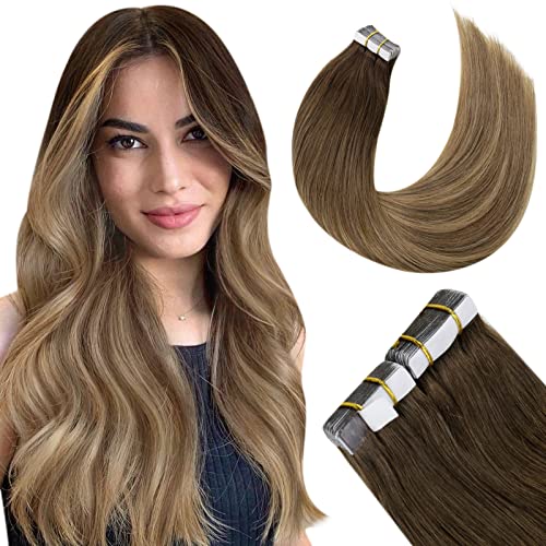LaaVoo Adhesive Extension Cheveux Humains 30Gr 20pcs 12pouce/30cm Bande Adhesive Extension Cheveux Remy Hair Ombre Brun Moyen a Brun Clair Balayage Blond Doré Foncé Tape in Extension Cover